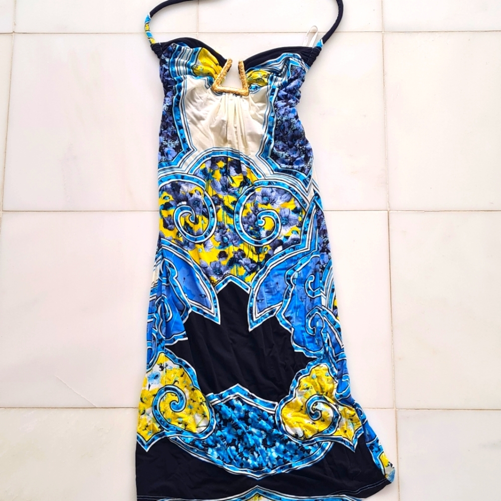 Roberto Cavalli Dress Signed Vibrant Blue and Yellow Mini Gold Buckle Neck Tie S